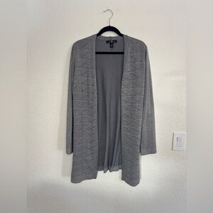80 Park Cardigan L Gray Open Front Pointelle Chevron Longline Sweater